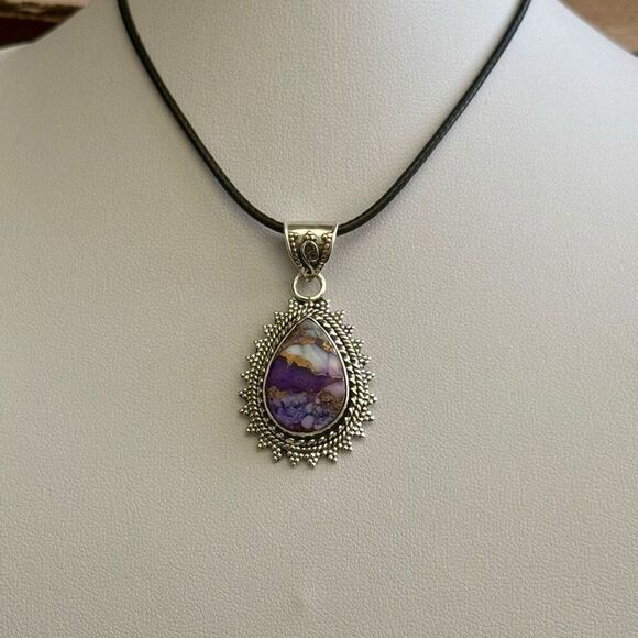Southwestern Purple Copper Dahlia Turquoise Teardrop Pendant Sterling Silver - Picture 4 of 6